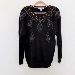VTG Christine Gerard Womens‎ Sweater Size M Black Beaded Whimsigoth Holiday 80s